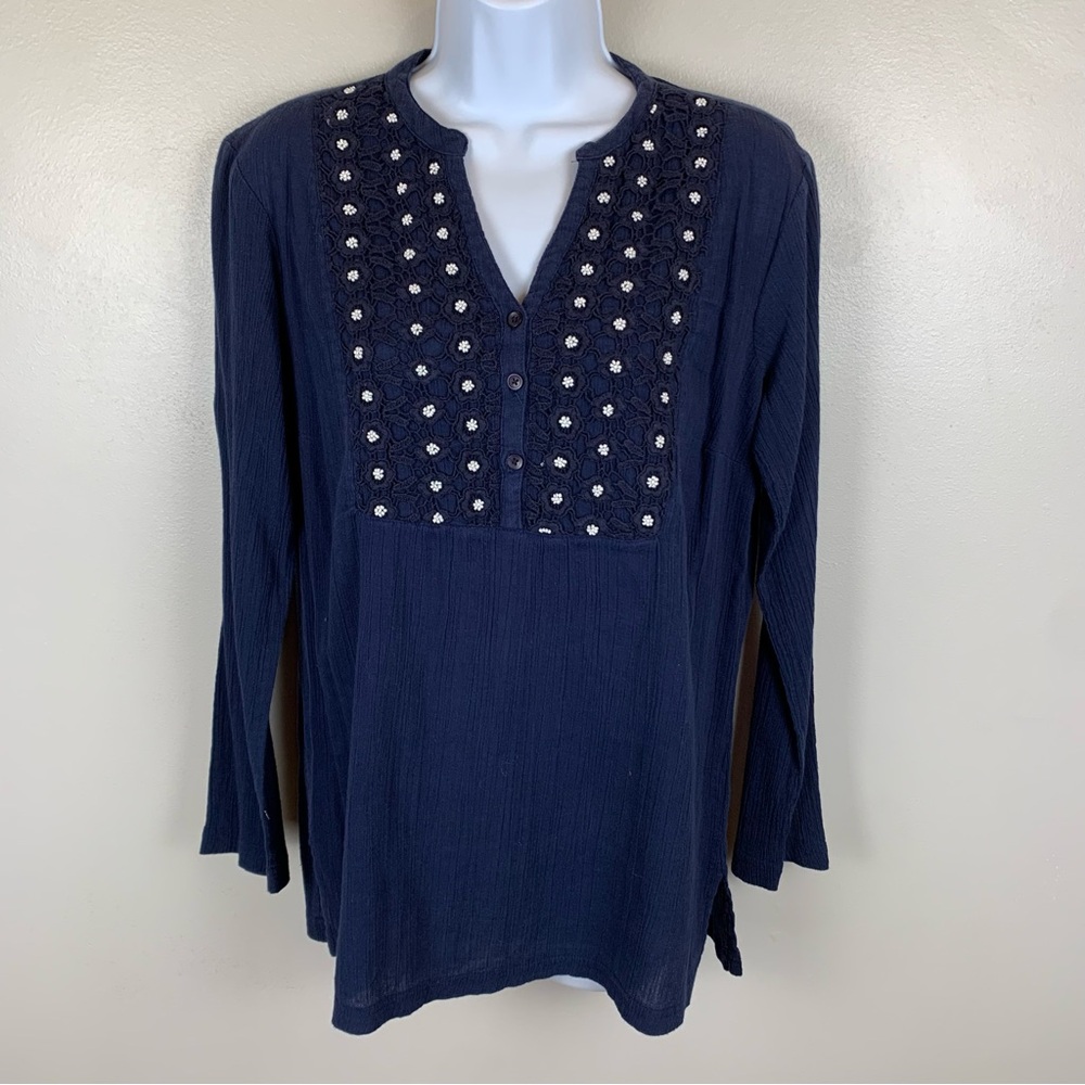 Krazy‎ Kat Top Embroidered XL Navy 100% Cotton Front 3/4 Sleeve Blouse Beaded